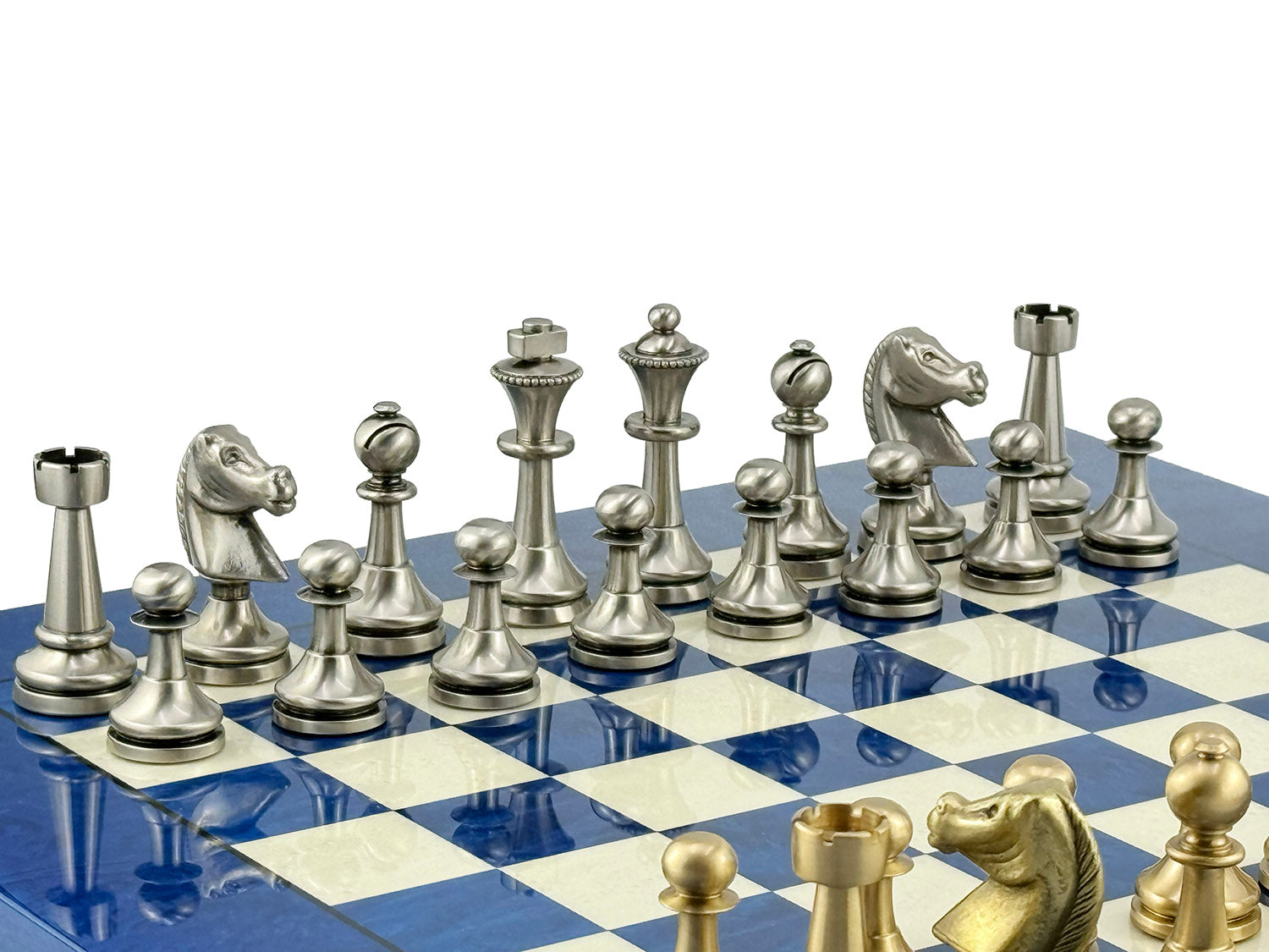 Staunton Schachset aus massivem Messing, 7,3 cm + MADRONA Schachbrett, 42 x 42 cm