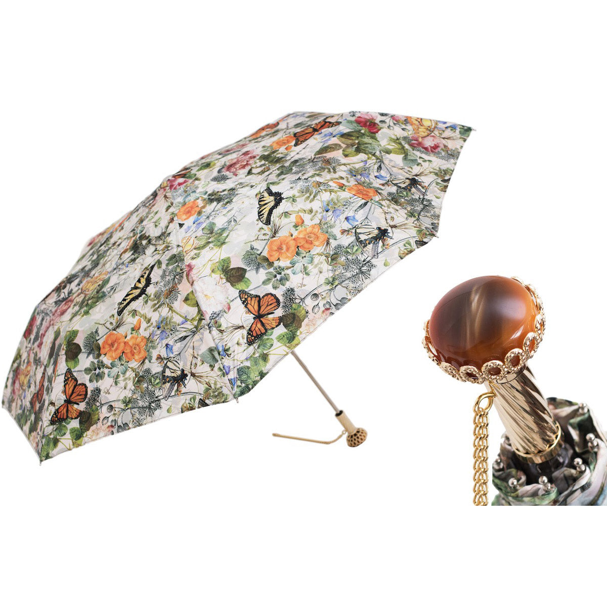 PASOTTI Faltbarer Regenschirm 30 cm, Schmetterlingsmuster, Schmuckgriff, Italien