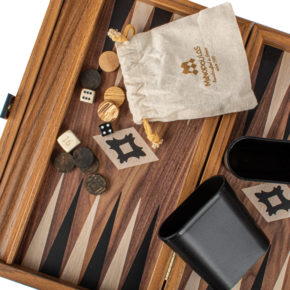 Kompaktes Manopoulos Backgammon-Spiel Walnuss-Replik mit seitlichen Ablagen 30x20