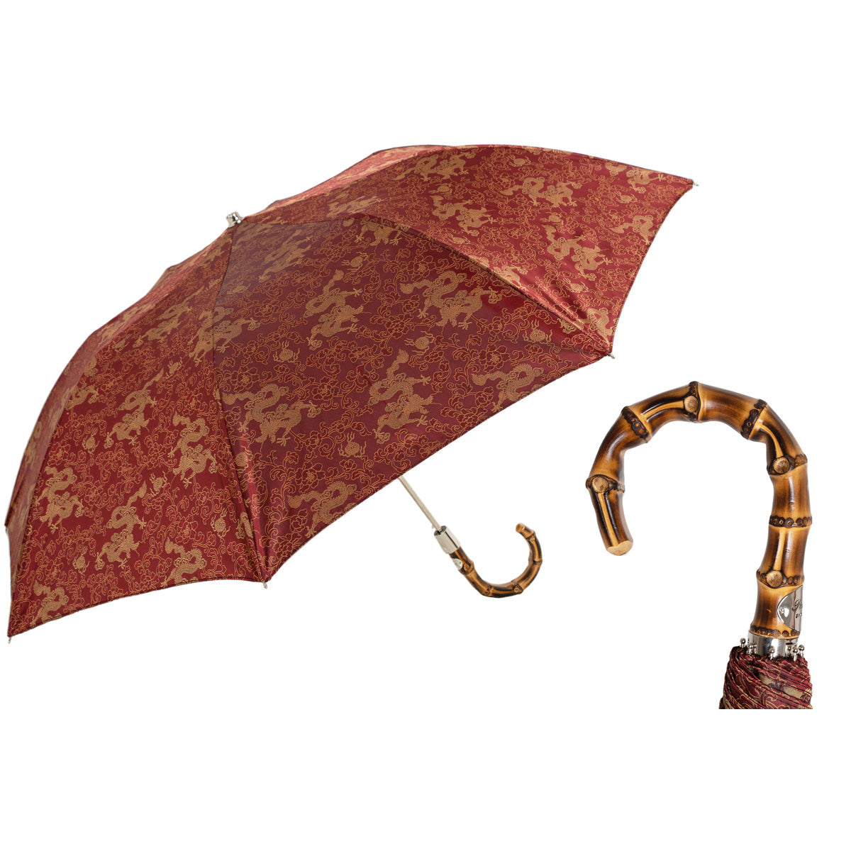 PASOTTI Faltbarer Regenschirm 50 cm, Drachenmuster, Bambusgriff, hergestellt in Italien