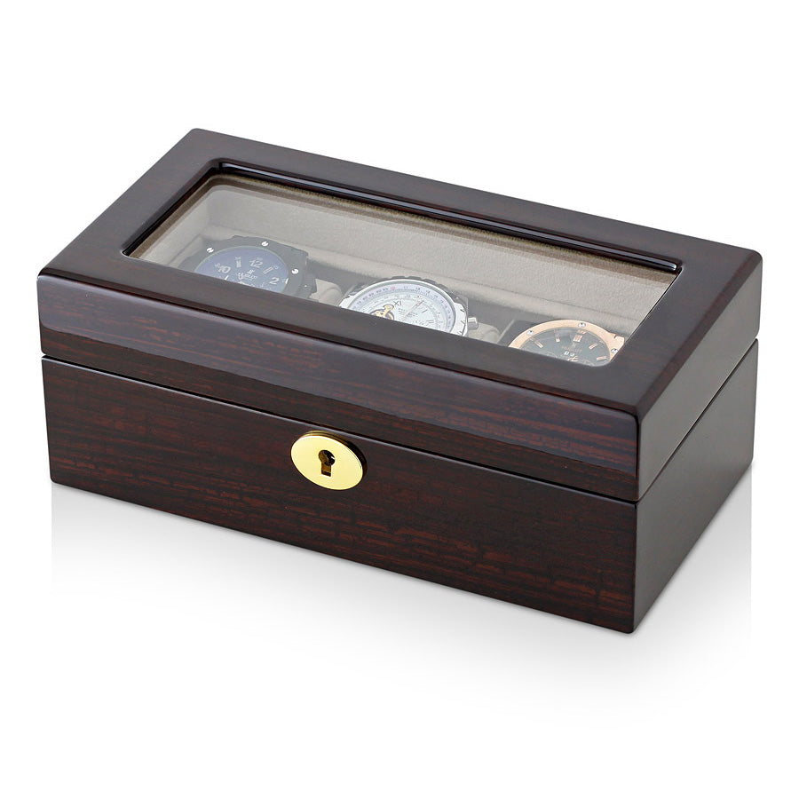 Luxuriöse Uhrenbox aus Holz für 3 Uhren – Hochglanz-Dunkelholz (Klavierlack) & beiges Wildleder