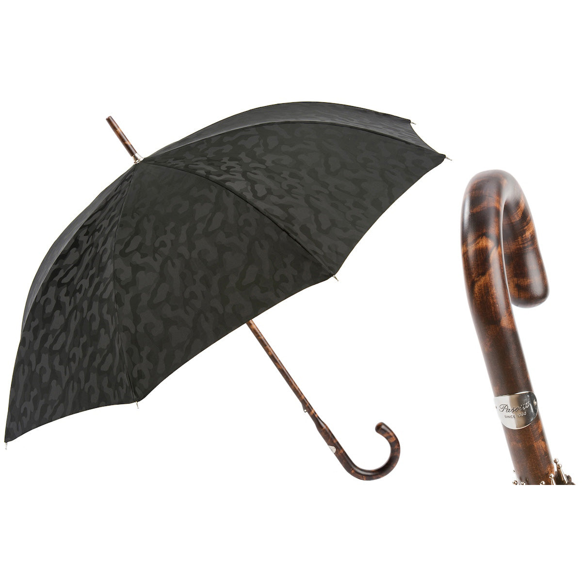 PASOTTI Regenschirm, schwarzes Tarnmuster, 92 cm, einteiliger Griff aus Hickoryholz, Italien