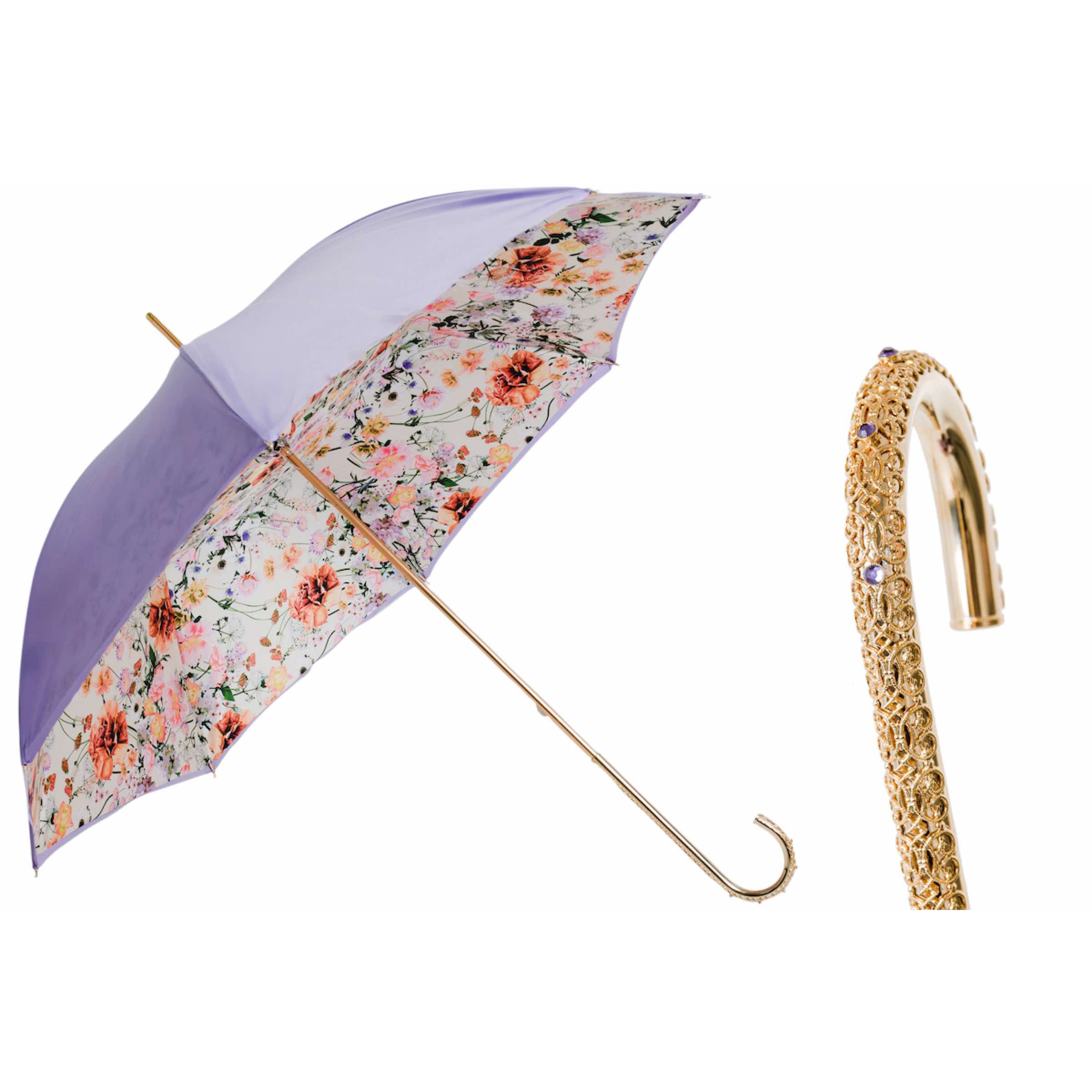 PASOTTI Regenschirm Fiori di Campo 93 cm, juwelenbesetzter Messinggriff, doppelter Stoff