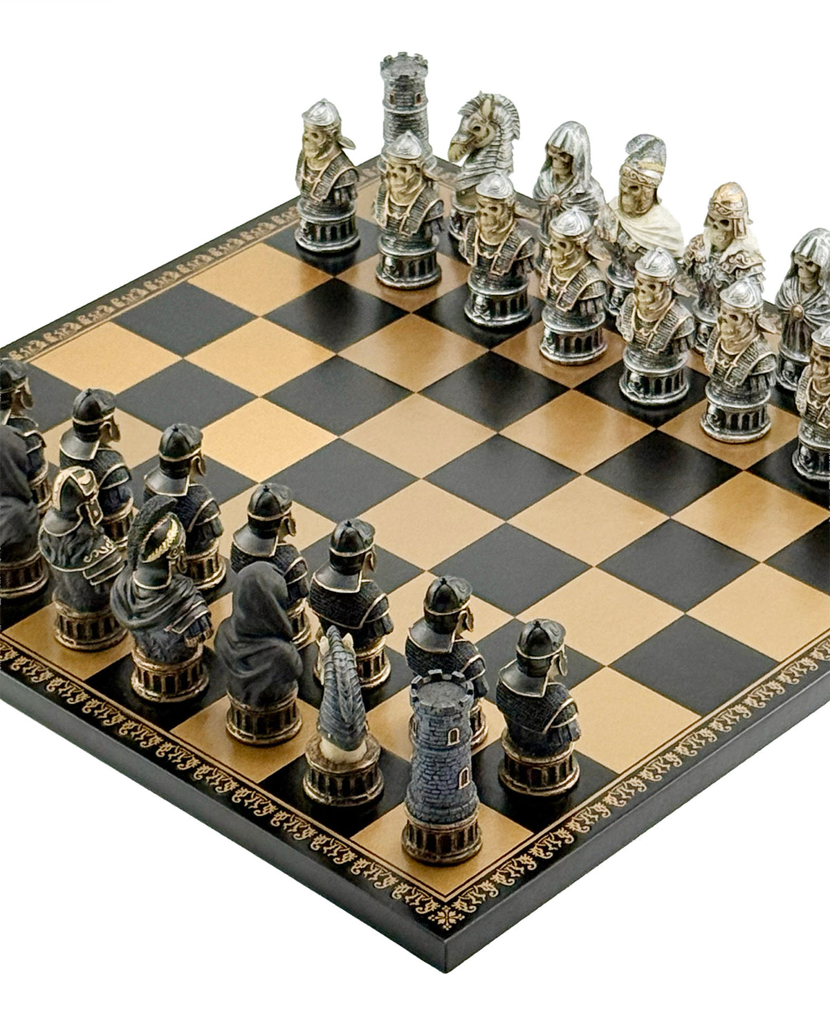 Luxury Italfama Chess Set – SKELETON BUSTS SET Hand-Painted Pieces (8 cm) + Gold & Black Leatherette Chessboard (40x40 cm) | Premium Made in Italy