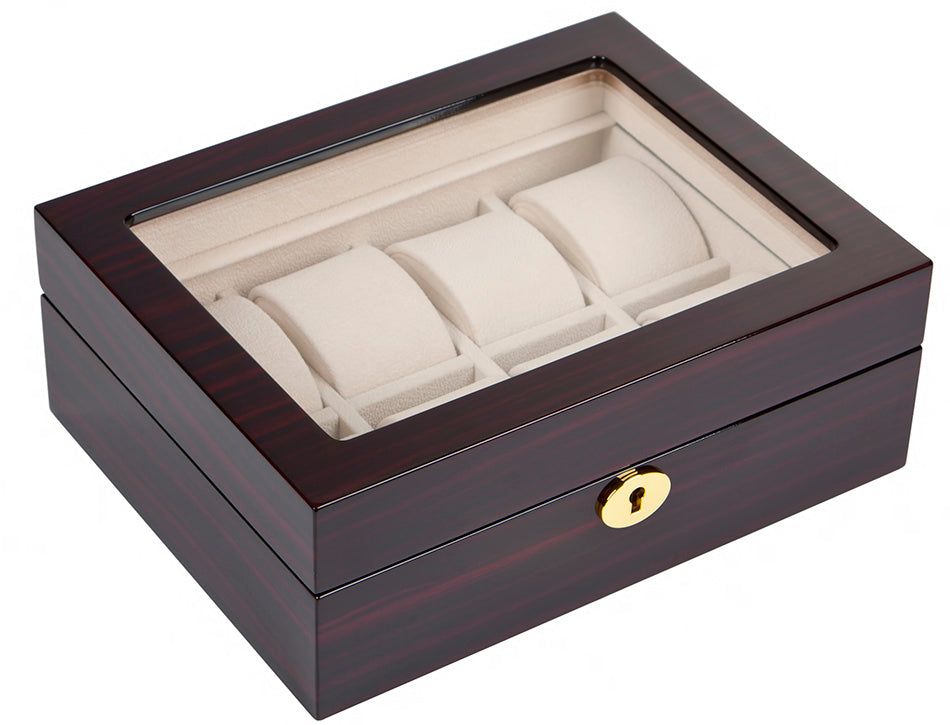 Premium Wooden Watch Box for 8 Watches – Striped Dark Piano Gloss & Beige Velour