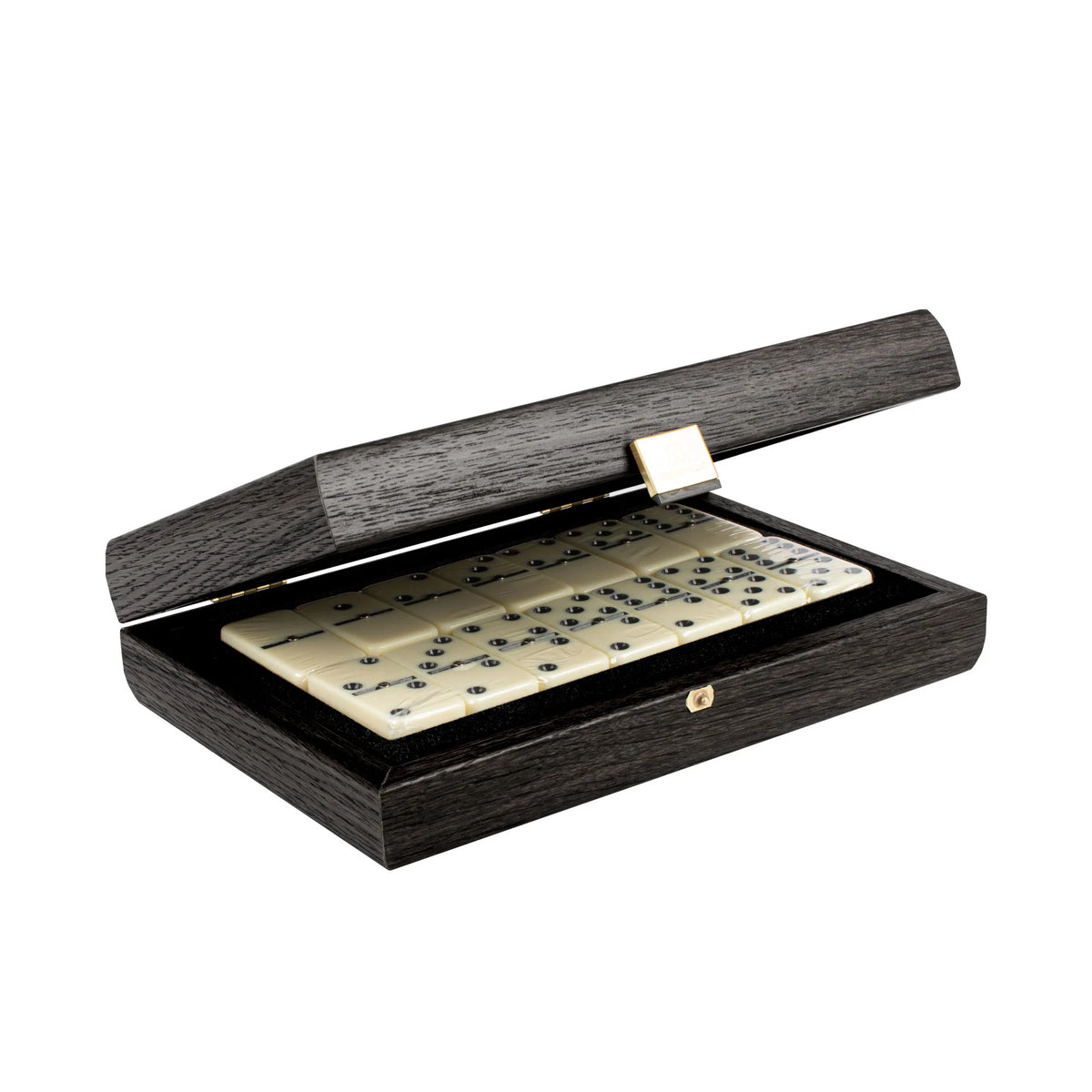 Premium Manopoulos Dominospiel, dunkelgraues Kunstleder-Holzetui, Geschenk
