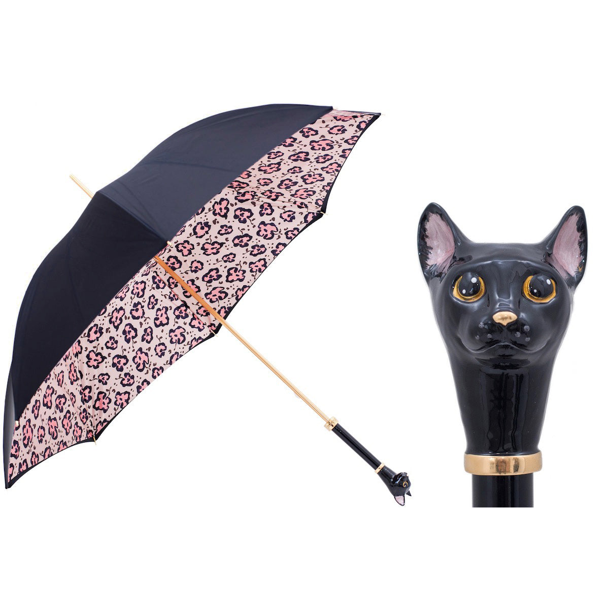 PASOTTI Regenschirm 93 cm Schwarze Katze Emaillierter Griff Animalier-Print Italien