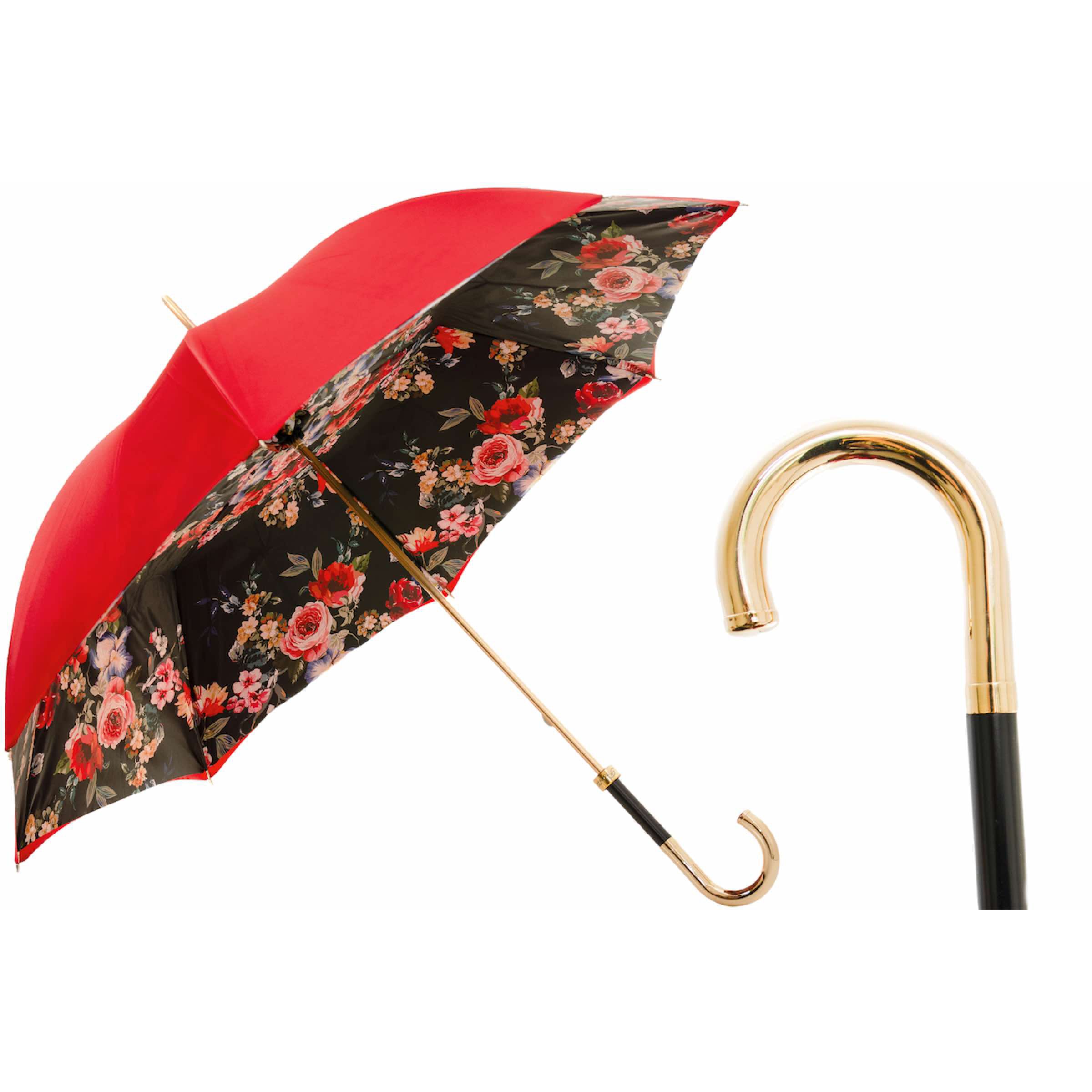 PASOTTI Regenschirm 93 cm, rote Rosen im floralen Innenfutter, doppelter Stoffbezug, Messinggriff