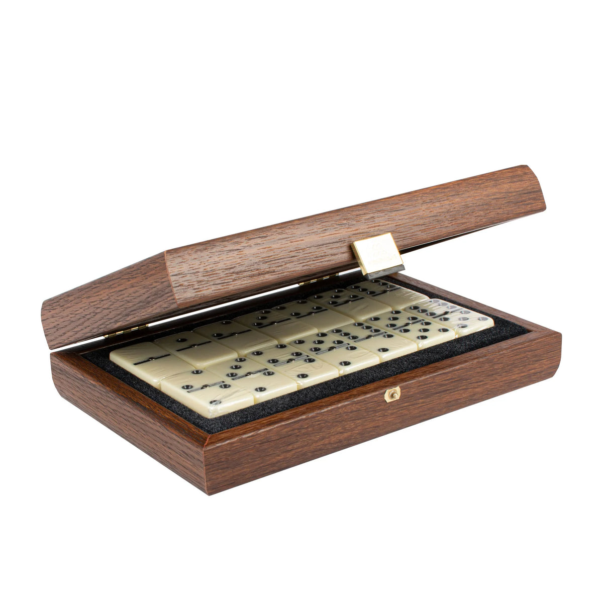 Premium Manopoulos Dominospiel in karamellfarbenem Kunstlederetui aus Holz, Geschenk