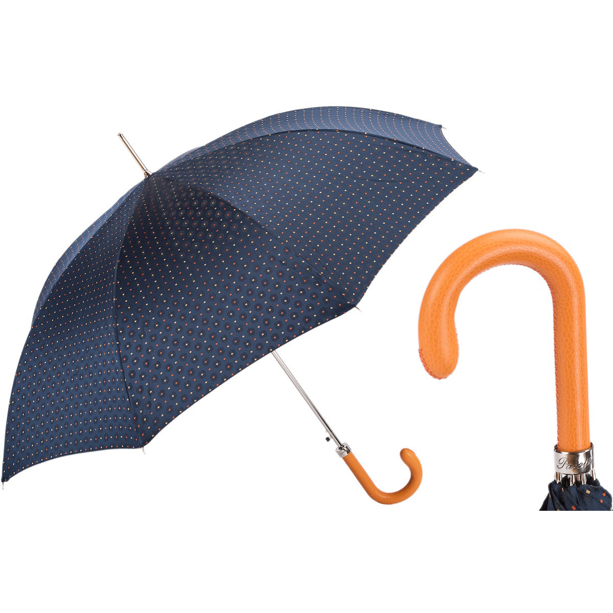 Regenschirm mit Krawattenmuster und orangefarbenem Ledergriff | Pasotti – Italienische Eleganz und kräftige Farbakzente, handgefertigt in Italien