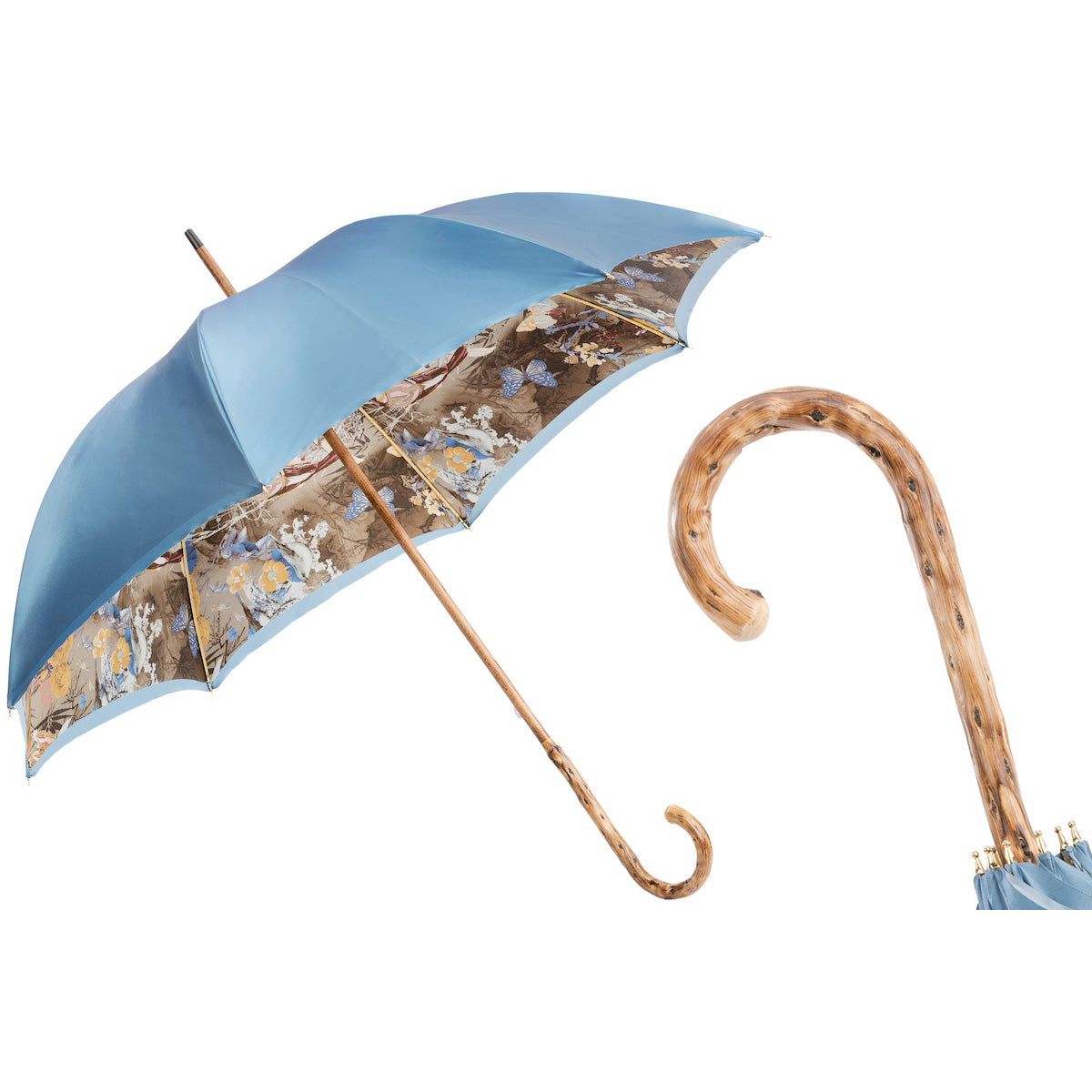 PASOTTI Regenschirm 93 cm, Griff aus Natur-Ginsterholz, blauer Blumendruck