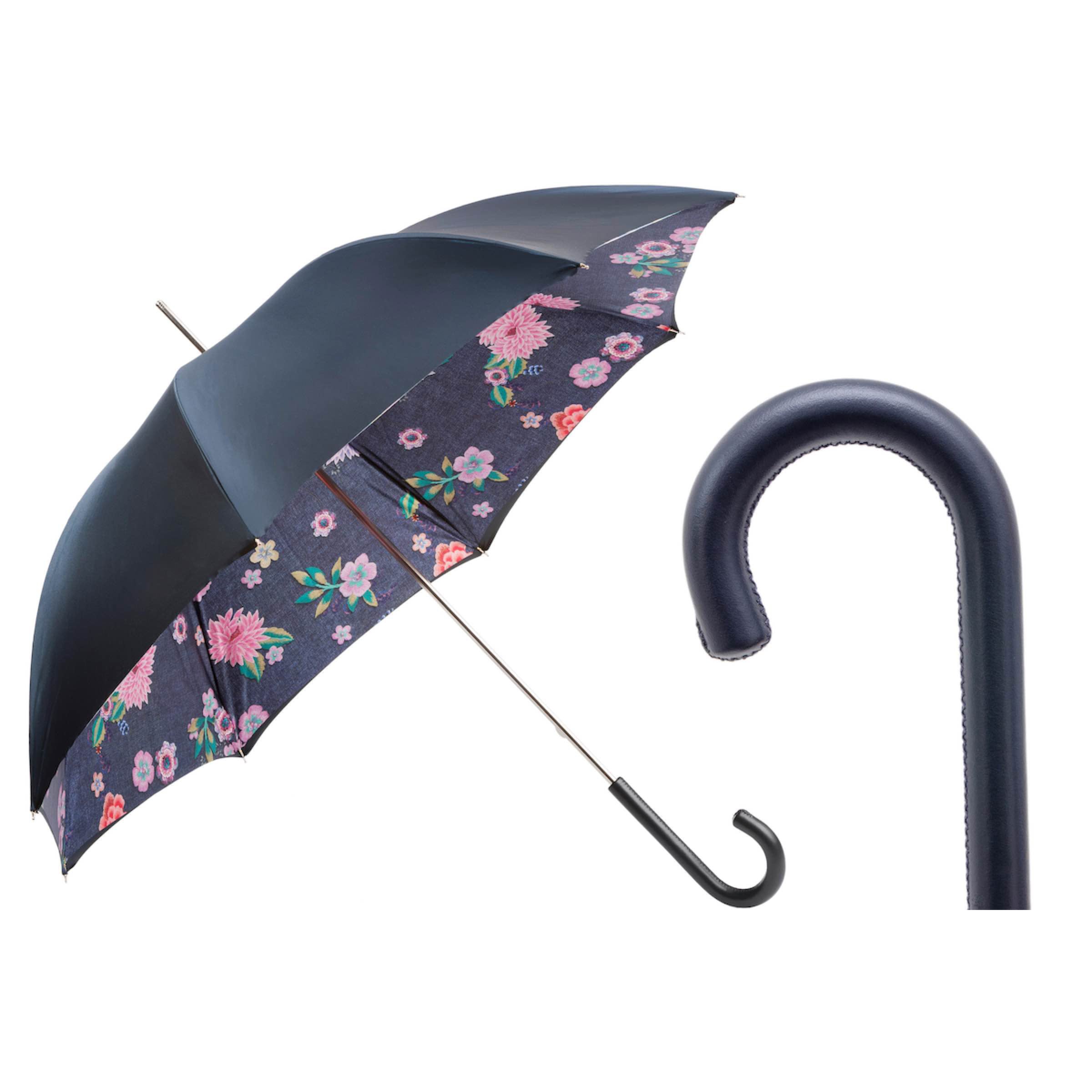 PASOTTI Regenschirm 93 cm, Jeans- und Blumenmuster, Ledergriff, Italien