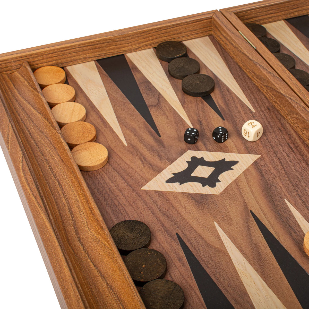 Manopoulos Backgammon-Set Mittel, Walnuss-Nachbildung, mit seitlichen Ablagen, 38x23