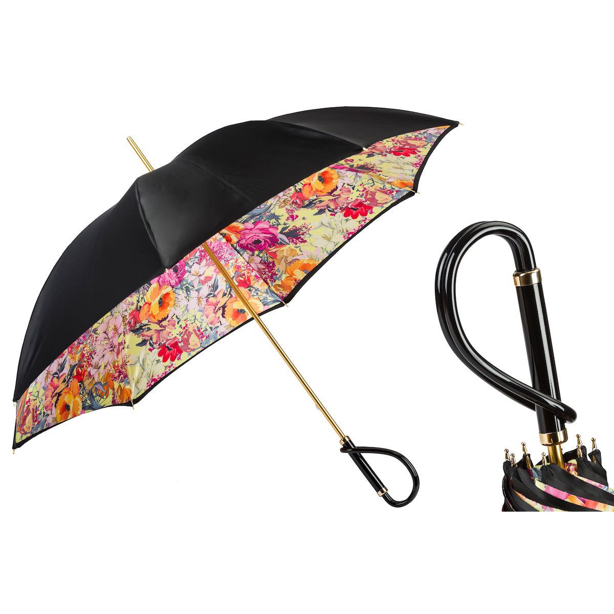 PASOTTI Regenschirm 93 cm, schwarzes florales Innenfutter, doppelter Stoffgriff aus Acetat