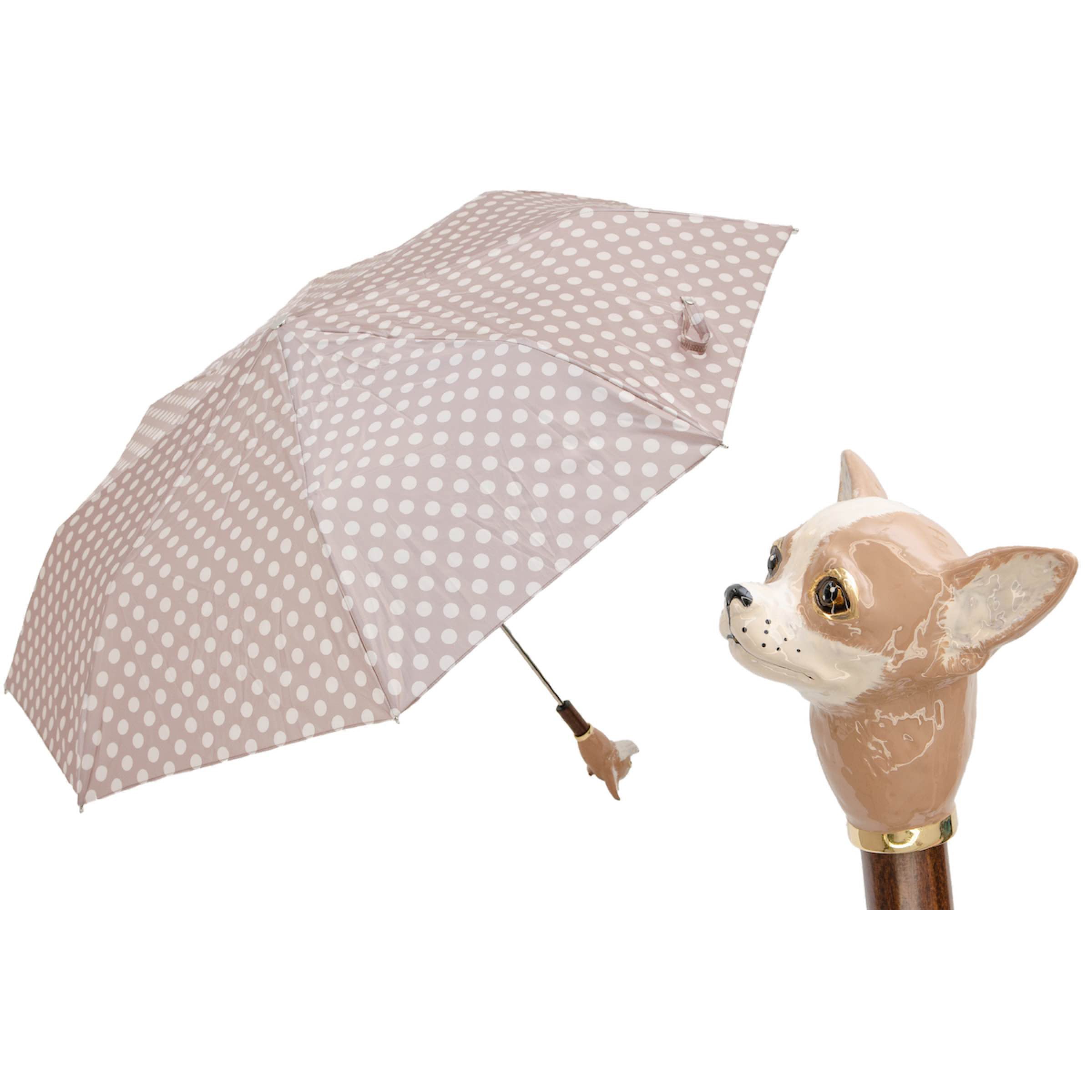 PASOTTI Faltbarer Regenschirm 30 cm, Chihuahua-Motiv, emaillierter Griff, Polka Dots