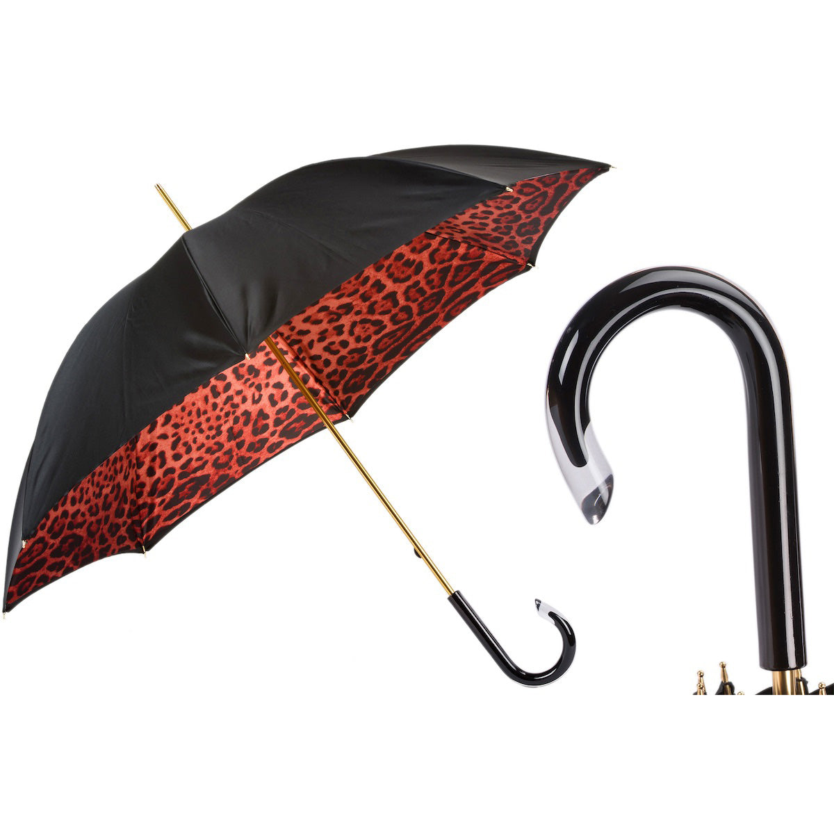 PASOTTI Regenschirm 93 cm, schwarz-rotes Leopardenmuster, doppellagiges Innenfutter aus Acetat