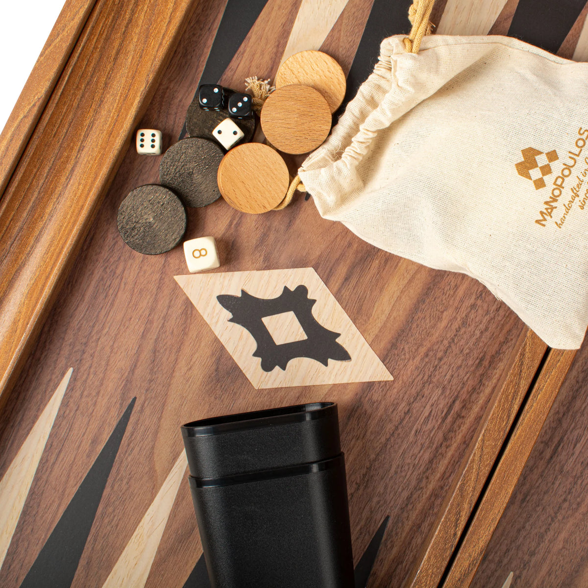 Manopoulos Backgammon-Set Mittel, Walnuss-Nachbildung, mit seitlichen Ablagen, 38x23