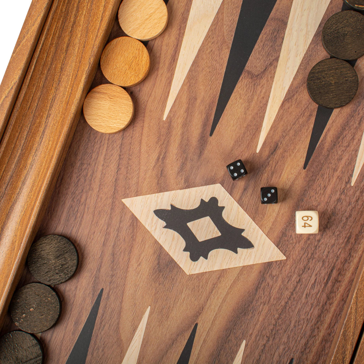 Manopoulos Backgammon-Set Mittel, Walnuss-Nachbildung, mit seitlichen Ablagen, 38x23