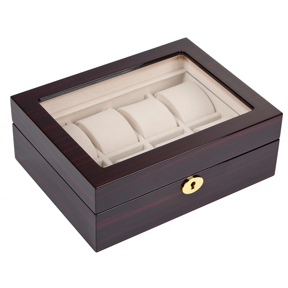 Premium Uhrenbox aus Holz für 8 Uhren – Gestreiftes dunkles Klavierlack-Finish & beiges Velours