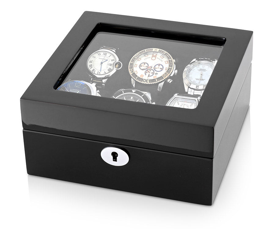Luxury Wooden Watch Box for 6 Watches – High-Gloss Piano Black & Soft Black Velvet