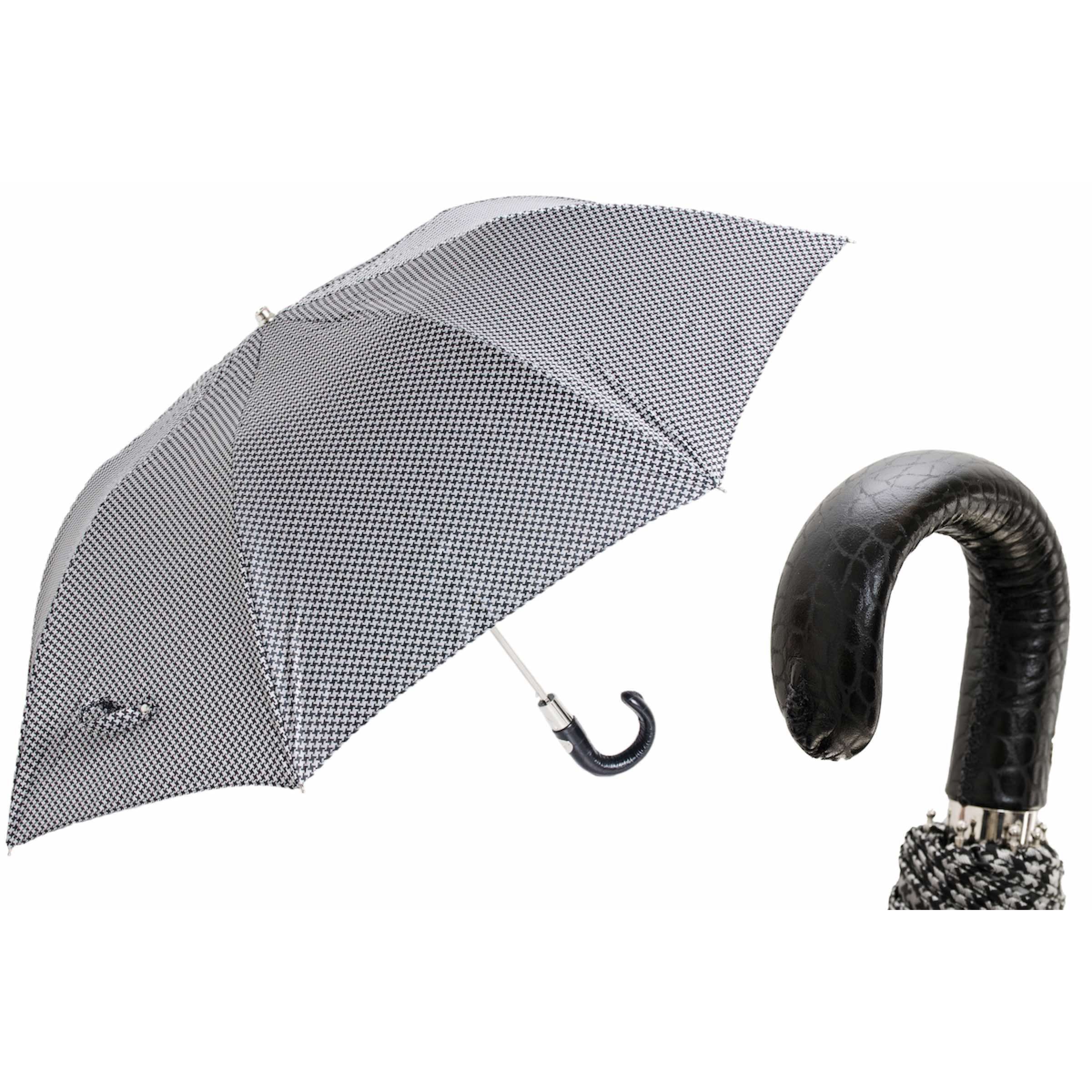 PIED DE POULE Faltbarer Regenschirm mit Ledergriff | Pasotti, handgefertigt in Italien
