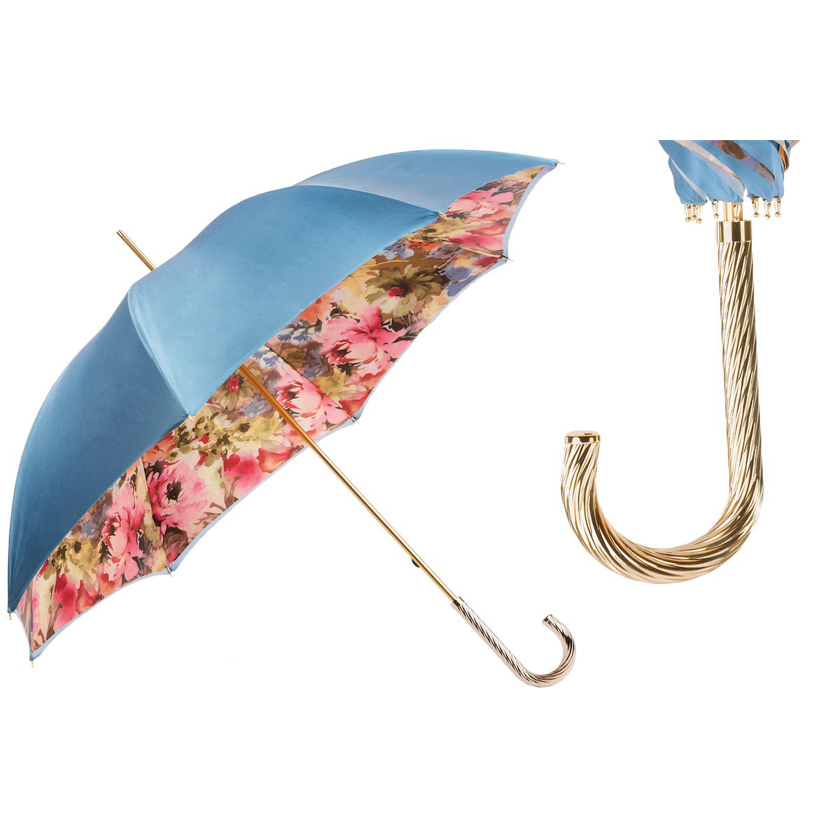 PASOTTI Regenschirm 93 cm, rosa florales Innenfutter, doppelter Stoffgriff mit Schmucksteinen