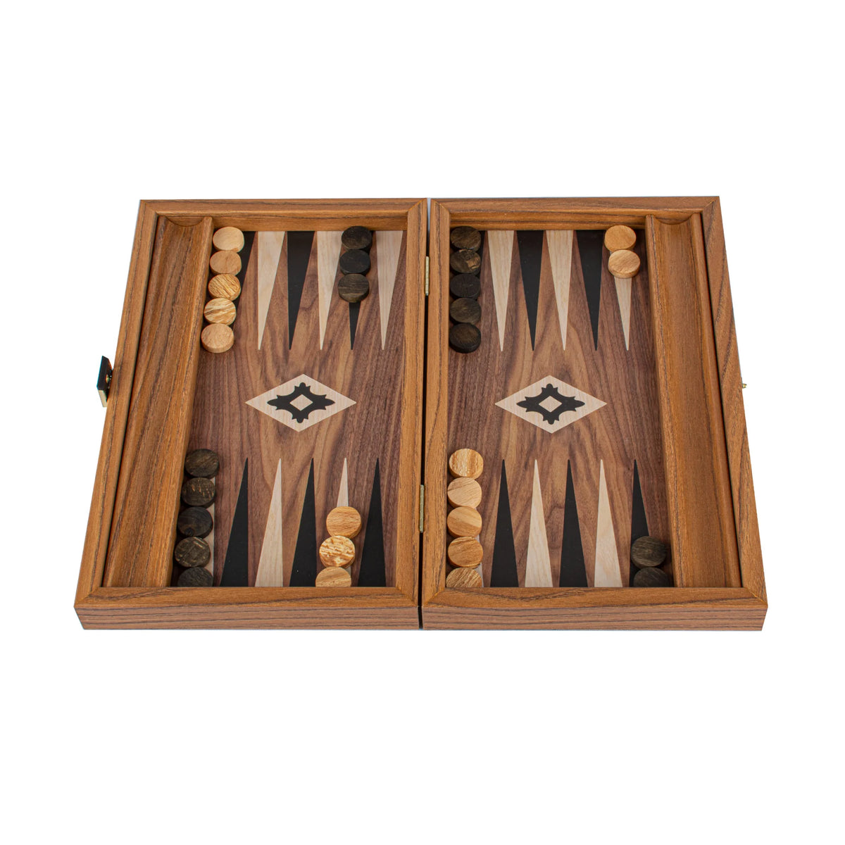 Kompaktes Manopoulos Backgammon-Spiel Walnuss-Replik mit seitlichen Ablagen 30x20