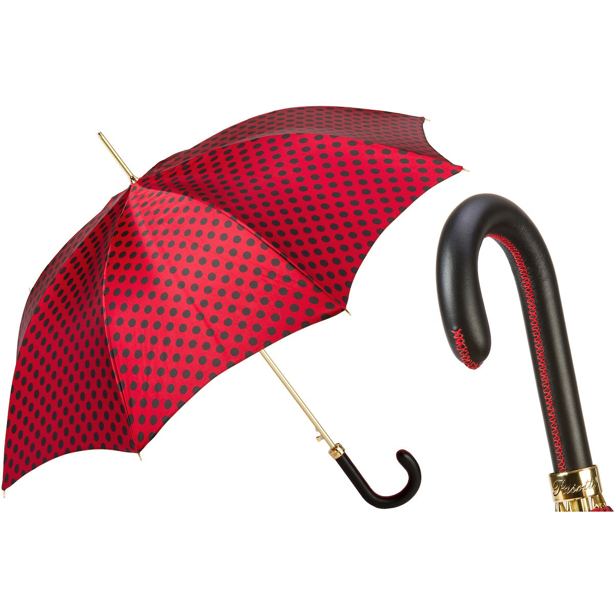 PASOTTI Regenschirm 93 cm, rot-schwarz gepunktet, Automatik, Ledergriff