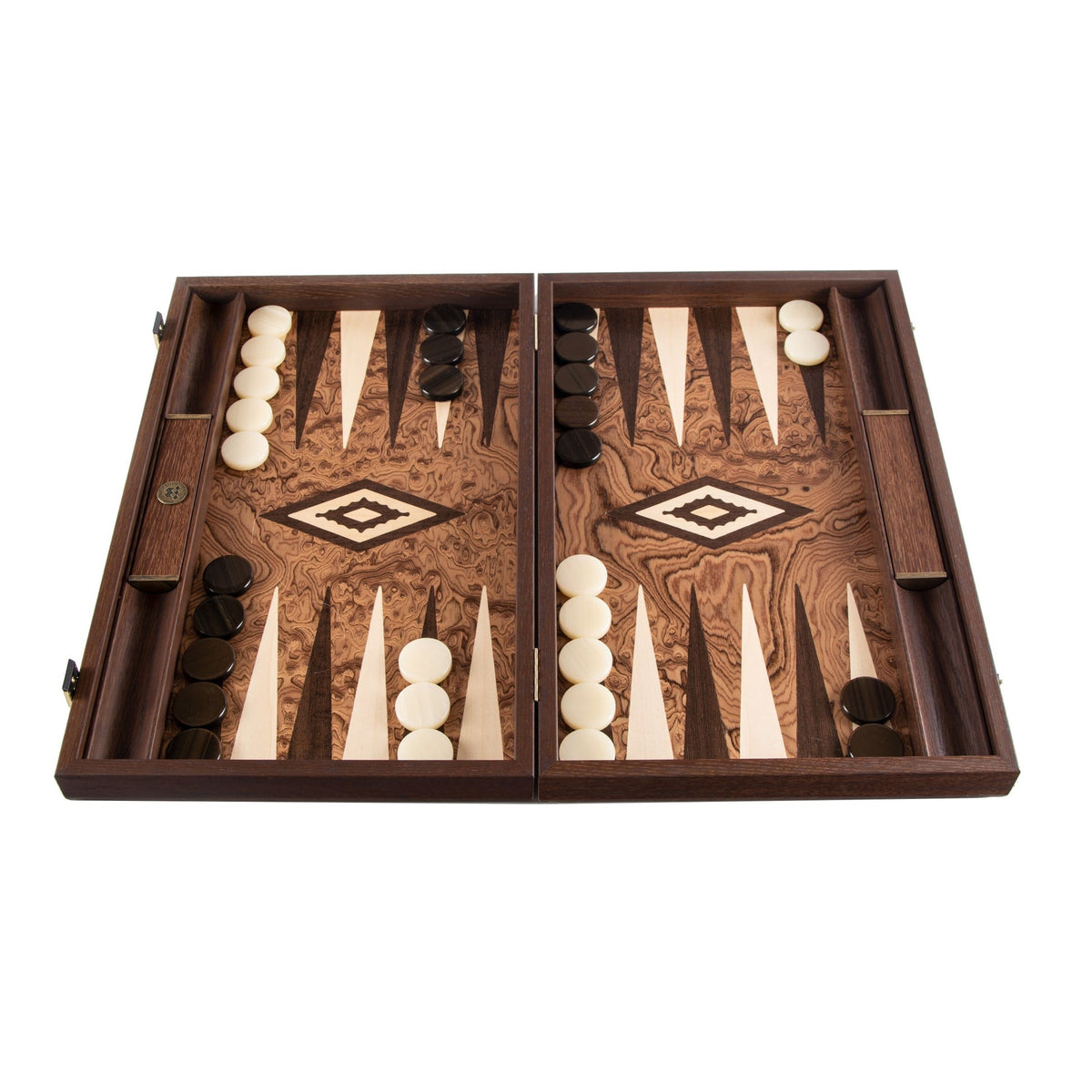 Elegant Walnut Root Backgammon with Built-In Stone Holders